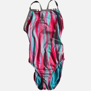 Dolfin Uglies Girls One Piece Swimsuit Size 30 Pink Blue Stripe Competition